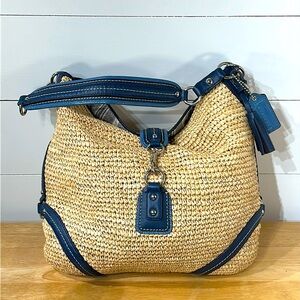 Blue-Trim Straw Hobo Bag